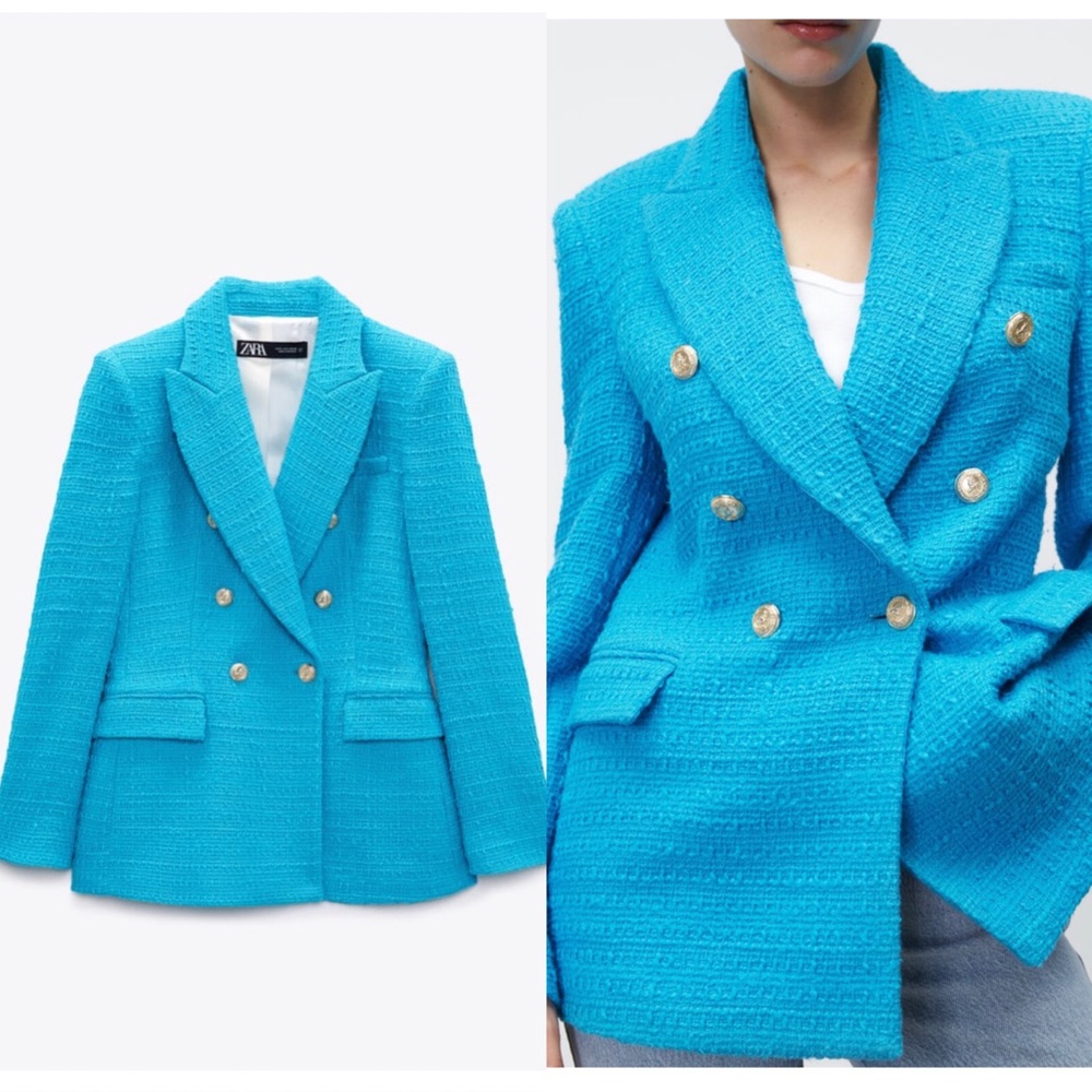Zara textured double breasted blazer, blue